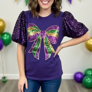 Mardi Gras Purple Sequin Bow T-Shirt